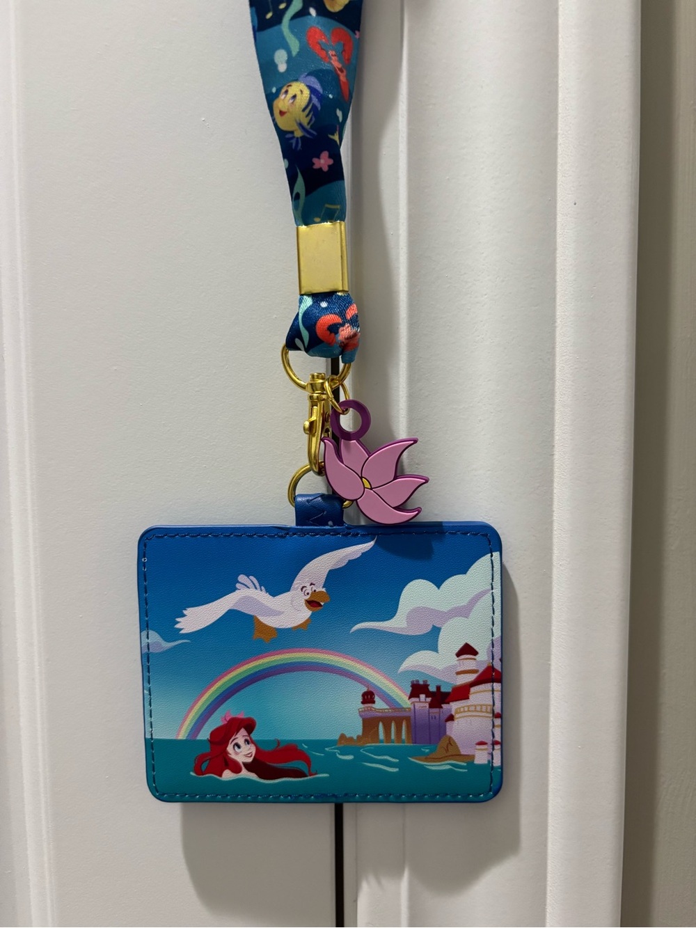 Disney Blue Little Mermaid Cardholder Lanyard with Pink Flower Charm